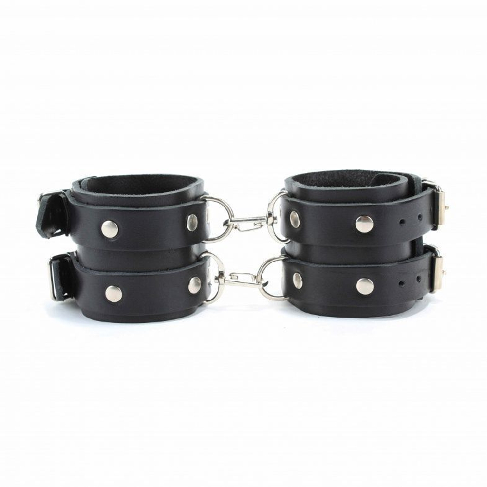 Черные широкие кожаные оковы с двумя пряжками (Цвет: черный)