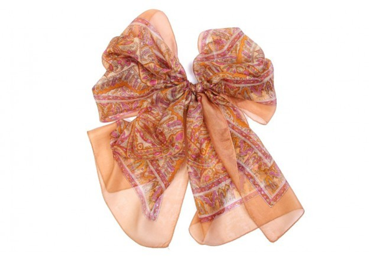 Шарф материал Шелк 100% "Плотный узор" цвет салатовый розовый бледно-желтый с оранжево-золотой каймой 170x50 см.