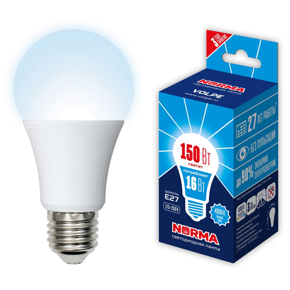 LED-A60-16W-NW-E27-FR-NR Лампа светодиодная. Форма A. матовая. Серия Norma. Белый свет 4000K. Картон. ТМ Volpe