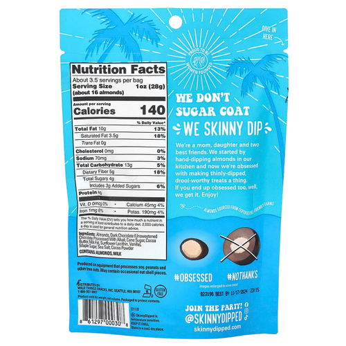 SkinnyDipped, Темный шоколад с какао и миндалем, 99 г (3,5 унции)
