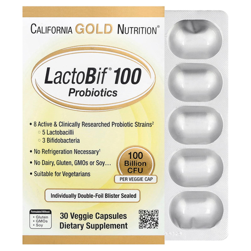 California Gold Nutrition, LactoBif® 100, пробиотики, 100 млрд КОЕ, 30 растительных капсул