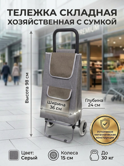 Тележка хозяйственная с сумкой (98*36*24см, колеса 15см,грузоподъемность до 30 кг) F серая