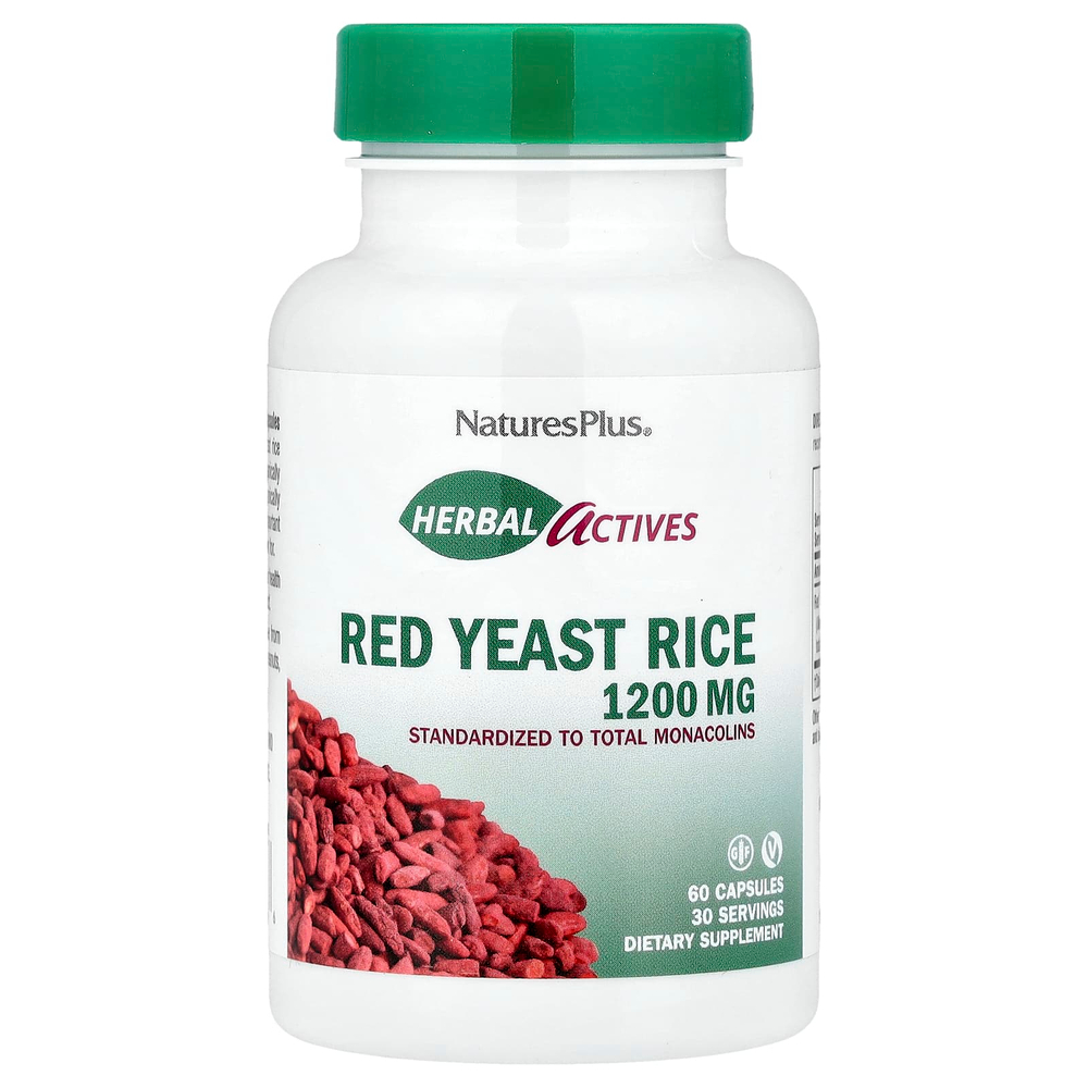 NaturesPlus, Herbal Actives, красный ферментированный рис, 60 капсул (600 мг в 1 капсуле)