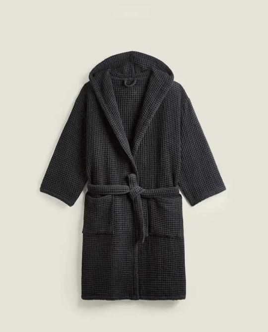 ZARA HOME ХЛОПКОВЫЙ ХАЛАТ С КАРМАНАМИ, ЧЕРНЫЙ