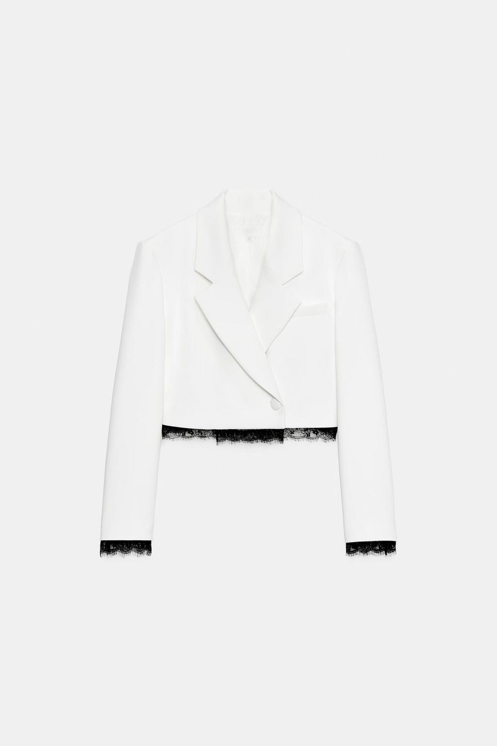 ZARA УКОРОЧЕННЫЙ БЛЕЙЗЕР С КРУЖЕВОМ, ЖЕЛТОВАТО-БЕЛЫЙ
