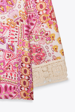 ZARA БЛУЗА ИЗ ТКАНИ С ПРИНТОМ И ДЕТАЛЯМИ ИЗ ГИПЮРА НА РУКАВАХ, РАЗНОЦВЕТНЫЙ