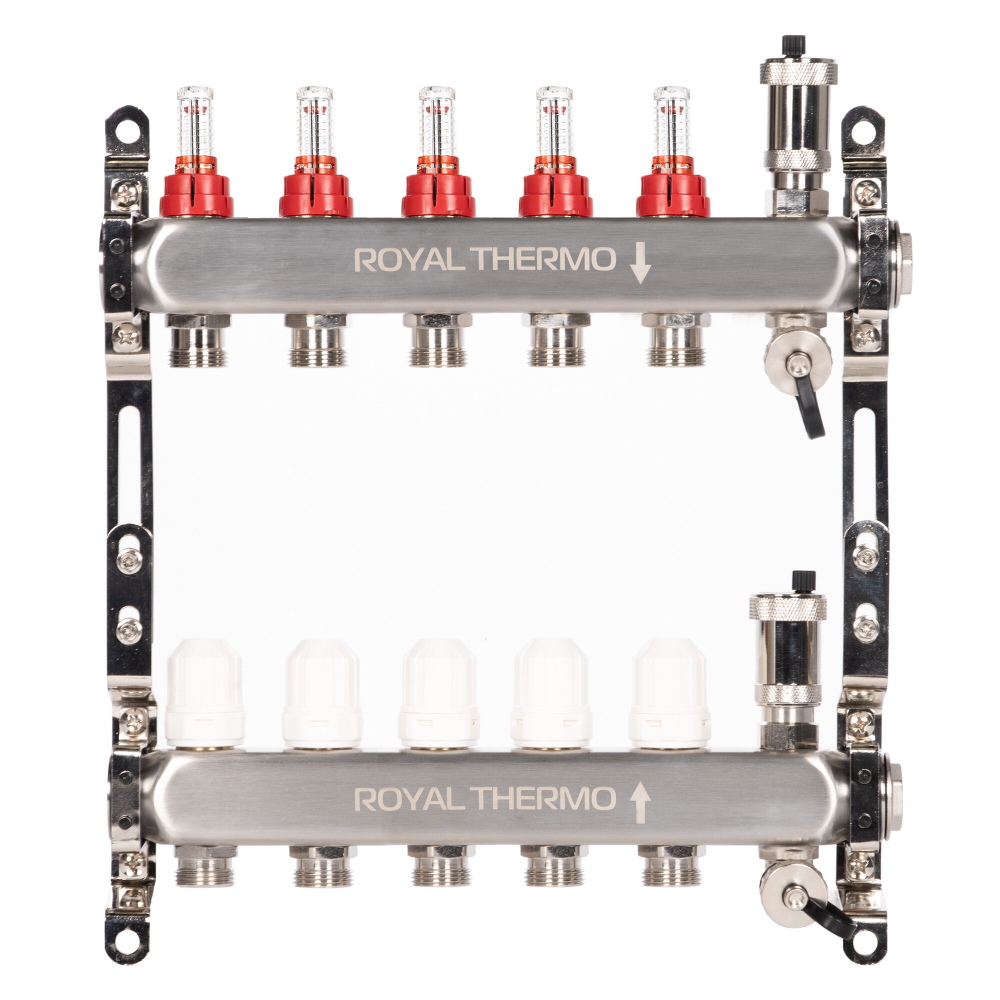 Коллектор Royal Thermo нерж. в сборе с расходомерами 1quot; ВР-3/4quot; НР с автомат. воздухоотвод-ми 5 вых.