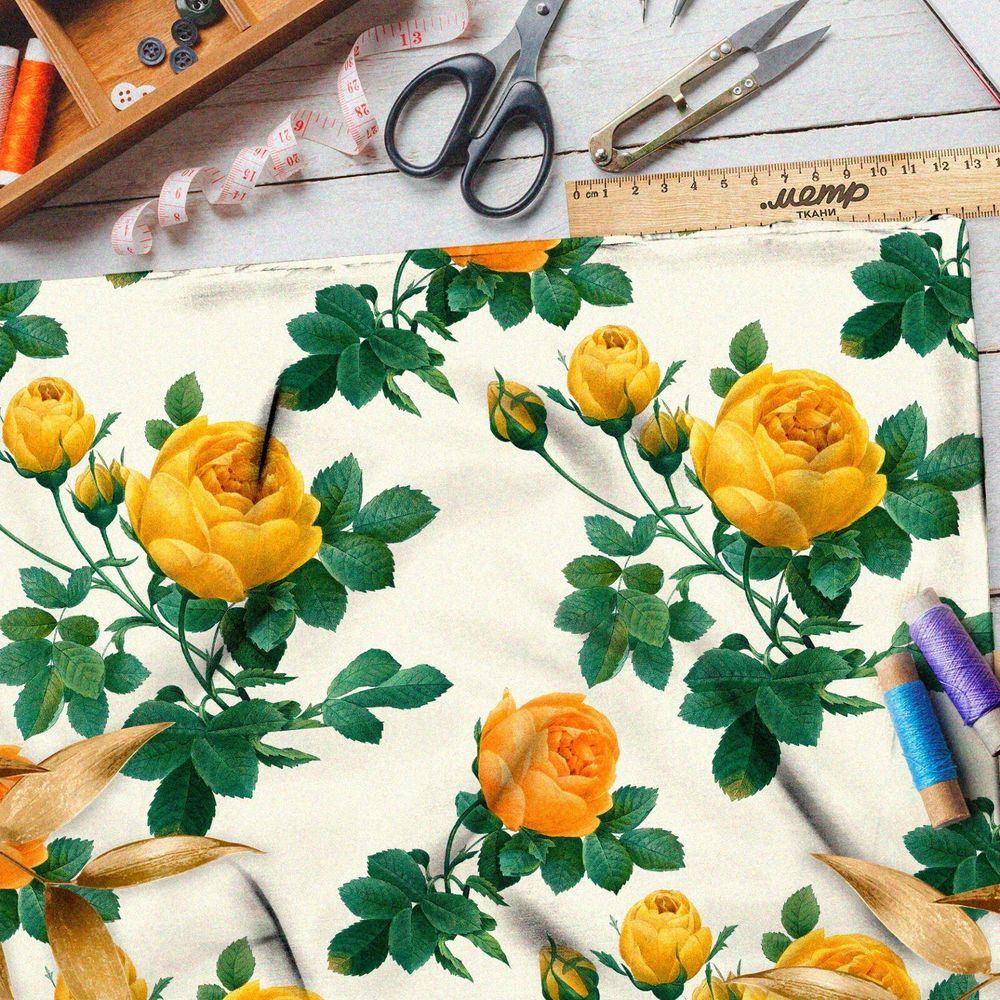 Ткань саржа жёлтые розы на бежевом фоне