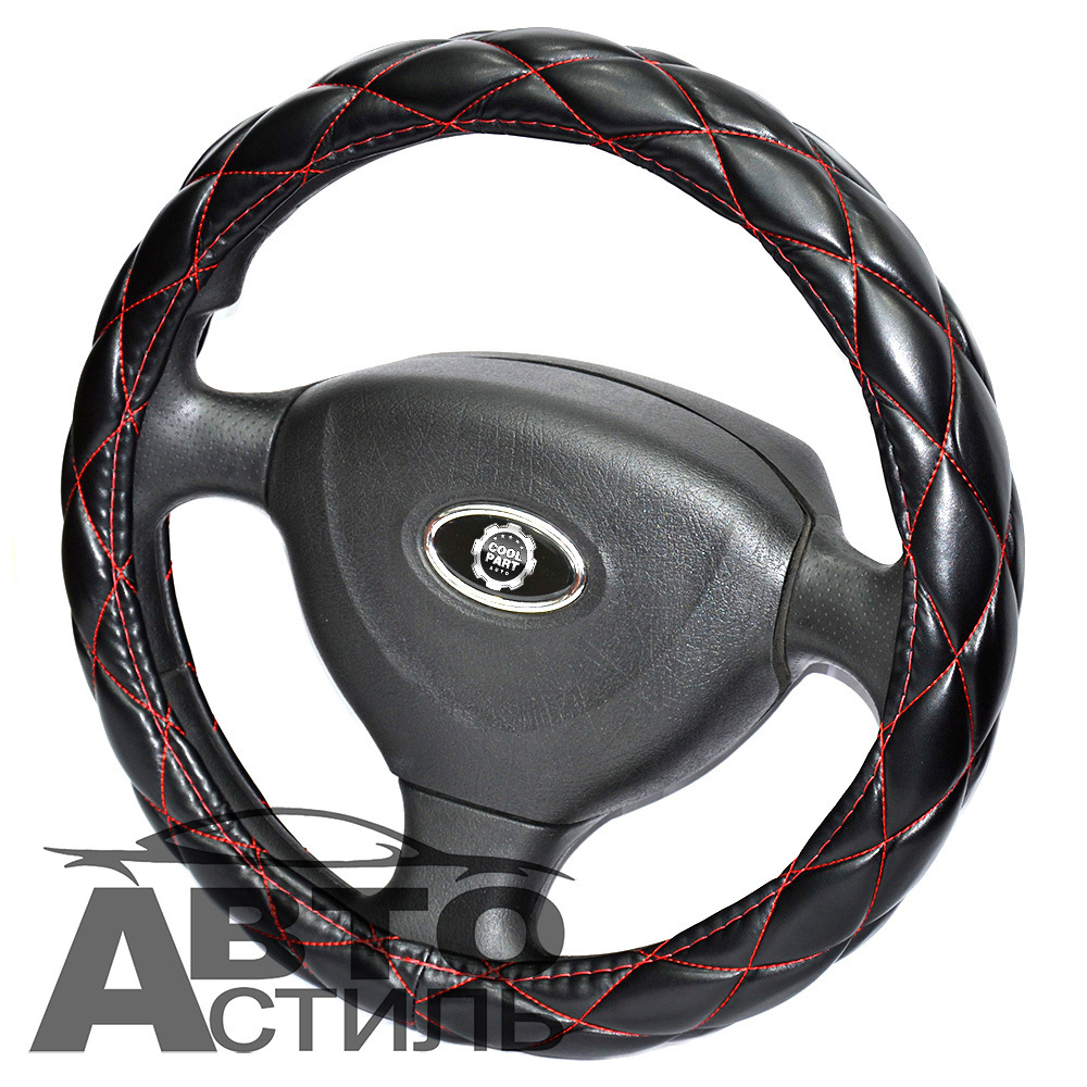 Оплетка на руль круглая Coolpart MAXIMAL (37*38) к/з черный/красный шов РОМБ R-01-BLRD