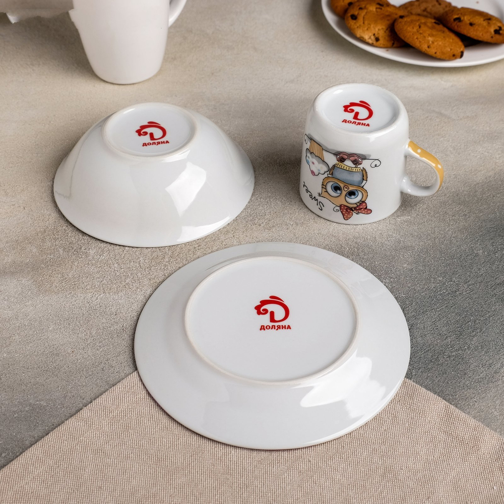 3850493 Набор детской посуды Доляна «Совёнок», 3 предмета: кружка 250 мл, миска 400 мл, тарелка 18 с