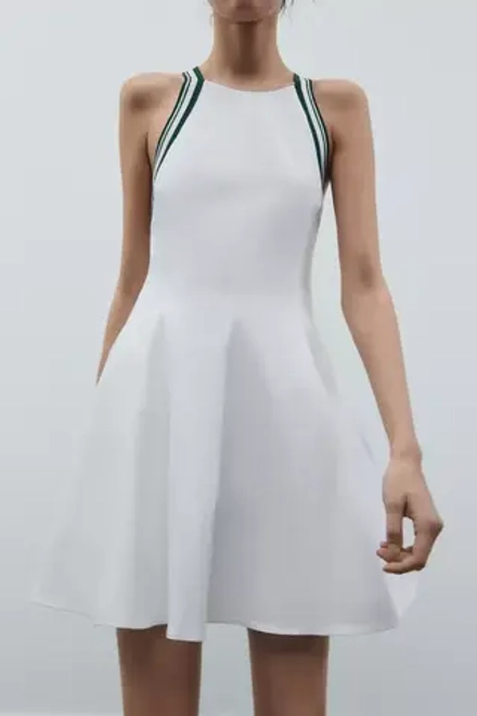 ZARA ПЛАТЬЕ С ГОРЛОВИНОЙ ХАЛТЕР И КОНТРАСТНЫМИ ДЕТАЛЯМИ В РУБЧИК, БЕЛЫЙ