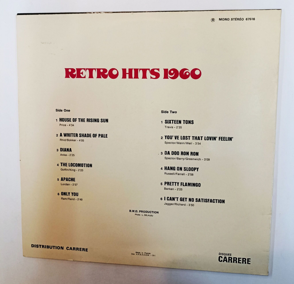 Винтажная виниловая пластинка LP Сборник Baby One RETRO HITS 1960 vol. 1 (France 1974)