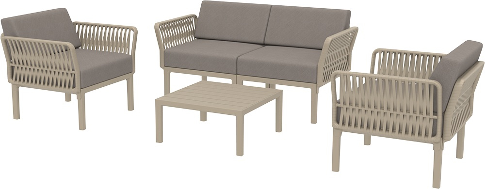 Диван пластиковый двухместный с подушками Siesta Contract Portofino Lounge, бежевый, светло-коричневый