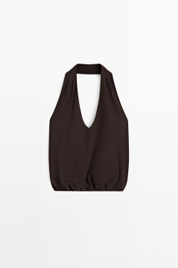 Massimo Dutti Топ из хлопка с горловиной халтер и эластичным низом, коричневый