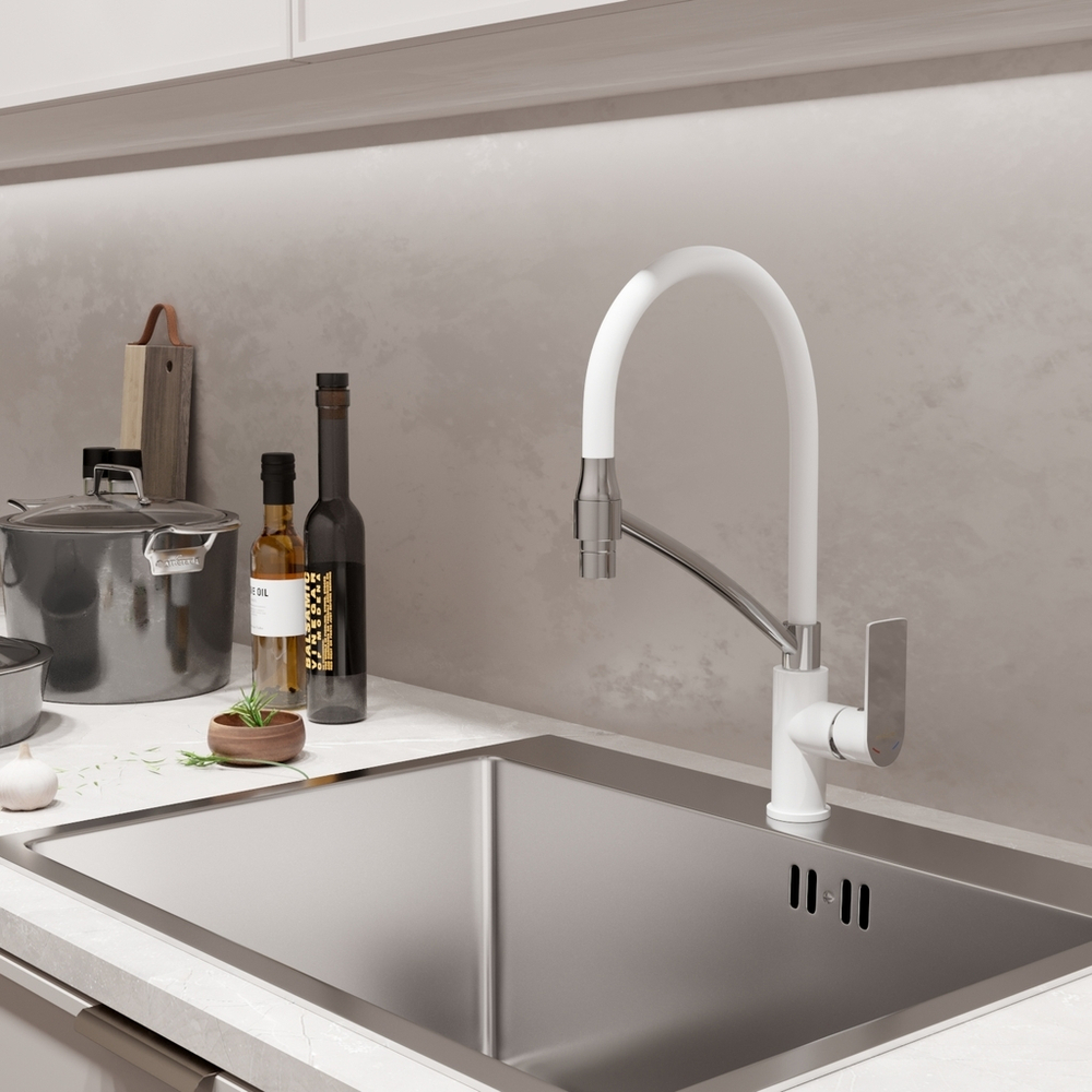 Смеситель для кухни 35k MIXLINE ML33-108 "City White" гибкий излив боковая ручка БЕЛЫЙ/ХРОМ
