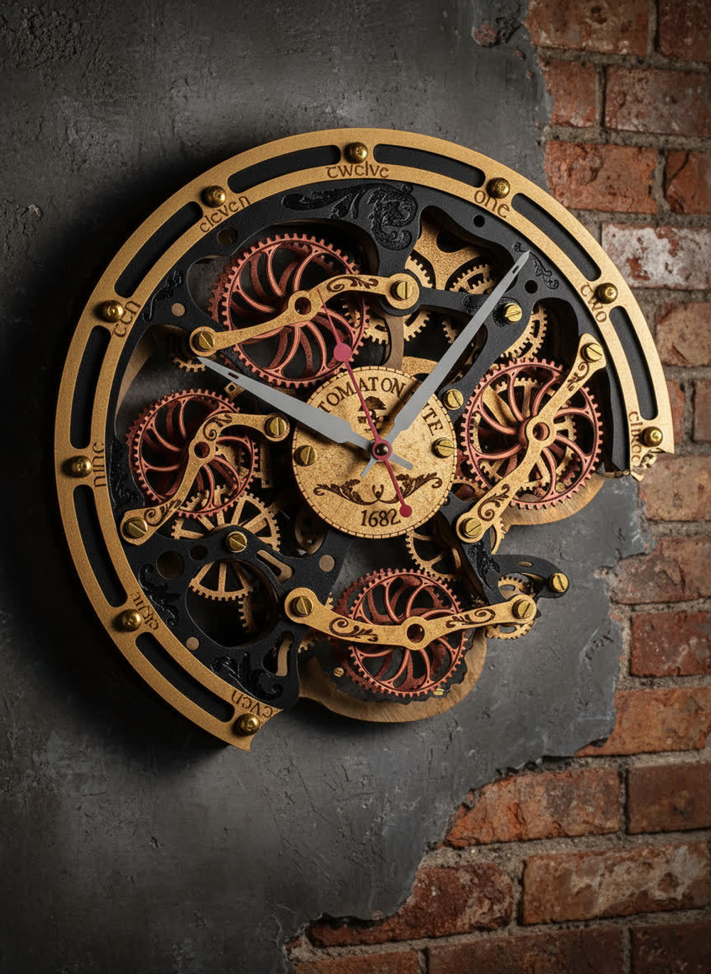 Настенные часы WOODandROOT Automaton Bite 1682 на тёмной стене с фактурной поверхностью, золотые и медные шестерёнки