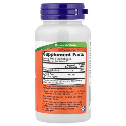 NOW Foods, корень лопуха, 430 мг, 100 вегетарианских капсул