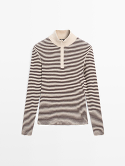 Massimo Dutti Свитер в полоску с застежкой-молнией, бежевый