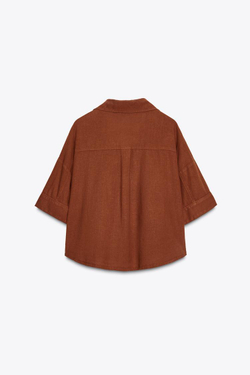 ZARA УКОРОЧЕННАЯ РУБАШКА ИЗ СМЕСОВОГО ЛЬНА, ТЕРРАКОТОВЫЙ