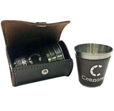 Набор Стопок Следопыт 4пр. 60 мл в кожаной тубе, рюмки в доп. кожаном оплёте, серебристый/коричневый