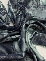 Жаккард шелк с хлопком голубой с синим принтом "Пейзаж/Люди"