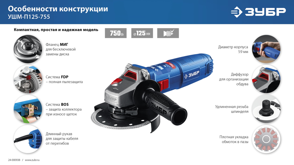 ЗУБР Компакт, 750 Вт, d125 мм, УШМ, фланец ″МИГ″, Профессионал (УШМ-П125-755)