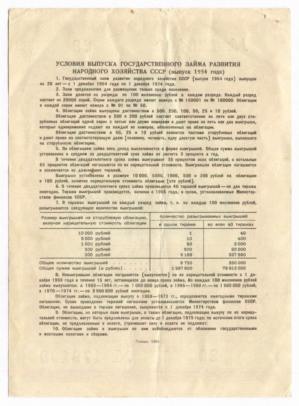 Облигация 25 рублей 1954 год. Серия № 176109. VG-F (2 прокола)