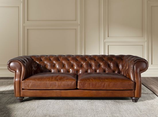 Диван Chester 3-местный из коньячно-коричневой кожи, модель 6228