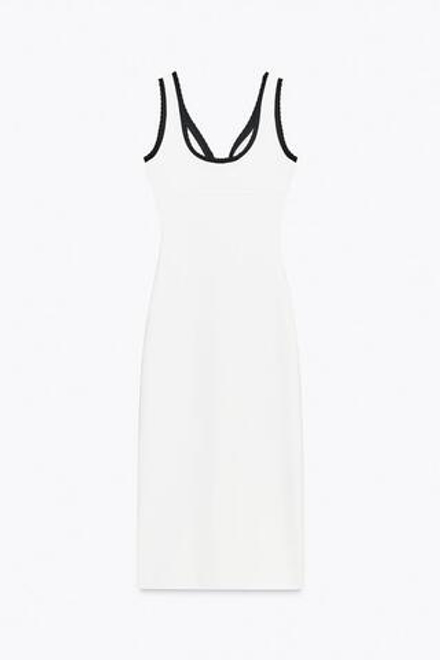 ZARA ДЛИННОЕ ПЛАТЬЕ С КОНТРАСТНОЙ ОТДЕЛКОЙ, БЕЛЫЙ
