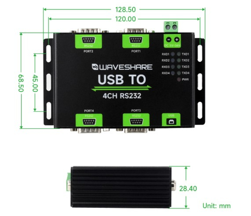 USB TO 4CH RS232, Преобразователь USB в 4-CH RS232, чип FT4232HL, DB9 Female