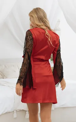 7245 халат короткий с кружевными рукавами красный
