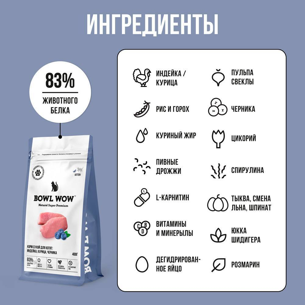 Сухой корм для котят, с курицей и черникой  BOWL WOW 400 г