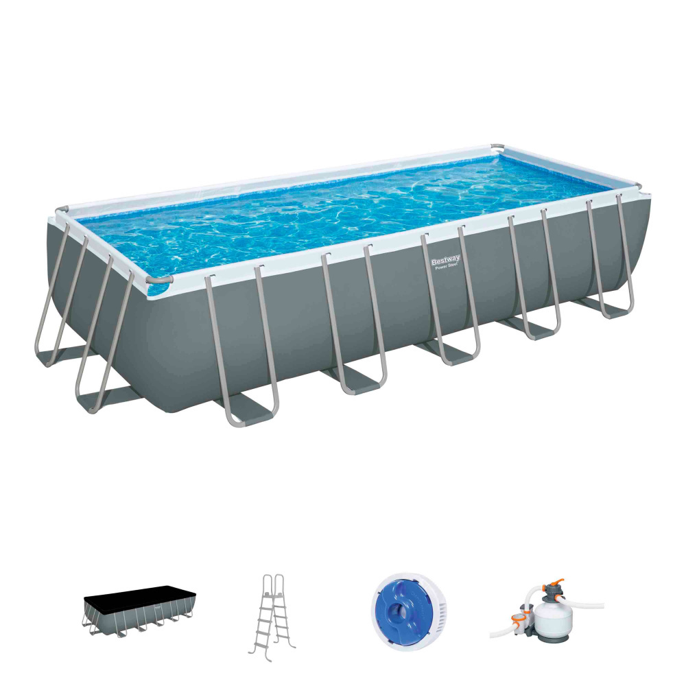 Каркасный прямоугольный бассейн Bestway 640х274х132 см + песочный ф/насос 5678 л/ч, тент, лестница (5612B BW)