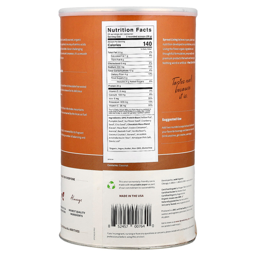 Sprout Living, Epic Protein®, органический растительный протеин и суперпродукты, шоколадная мака, 912 г (2 фунта)