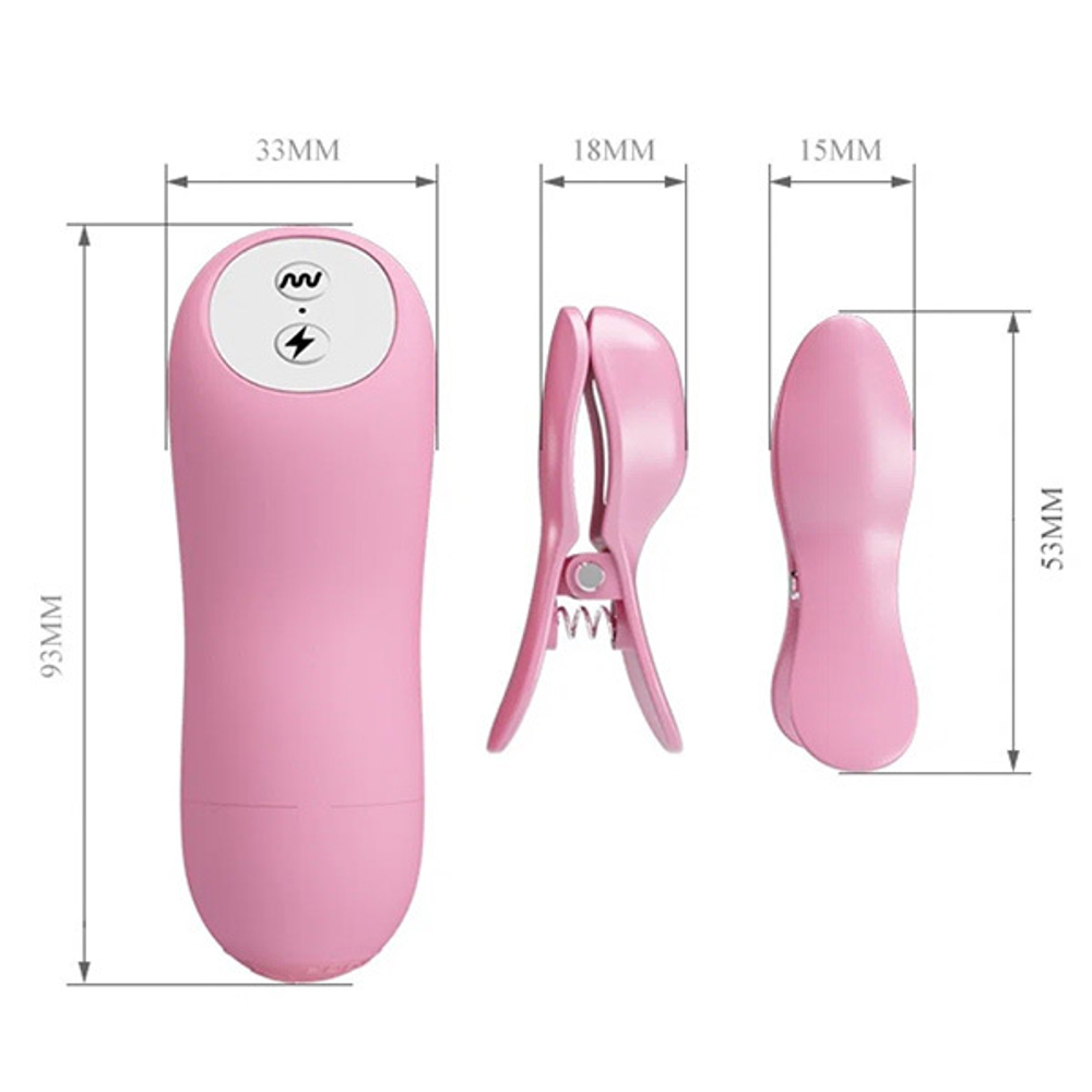 Нежно-розовые зажимы на соски с вибрацией и электростимуляцией Baile Romantic Wave BI-014648