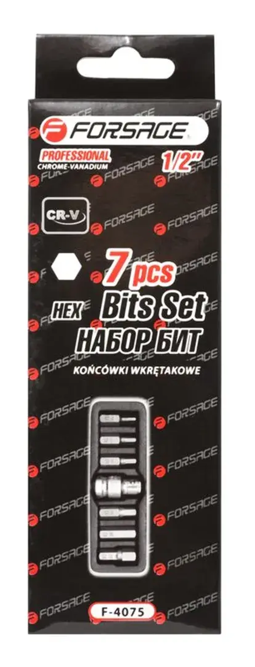 Набор бит HEX с битодержателем,7пр.1/2''(L:30мм,4, 5, 6, 8,10,12мм), в ложементе Forsage F-4075