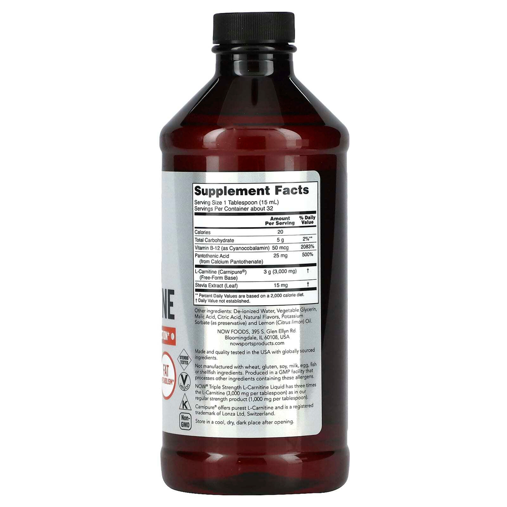NOW Foods, Sports, жидкий L-карнитин тройной силы, цитрусовый вкус, 3000 мг, 473 мл (16 жидких унций)
