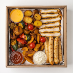 Горячий бокс со шницелем и куриными колбасками (вес 900 грамм)