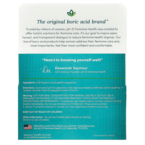 pH-D Feminine Health, Вагинальные свечи с борной кислотой, 600 мг, 24 шт.