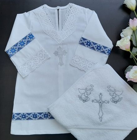 Крестильный набор р-р 62-68  "Русский стиль" с крыжмой с уголком 75*75см