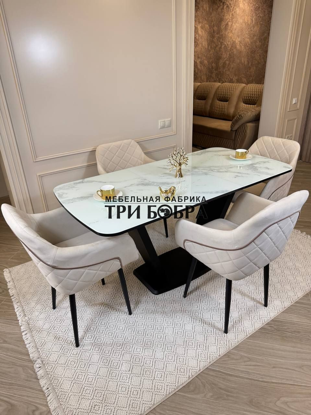 Кухонный раскладной стол "Прадо" белый мрамор и 4 стула ШЕЛЛ