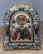 Николай чудотворец, икона арочная с рамкой под стеклом, красное дерево, эмаль 167х228