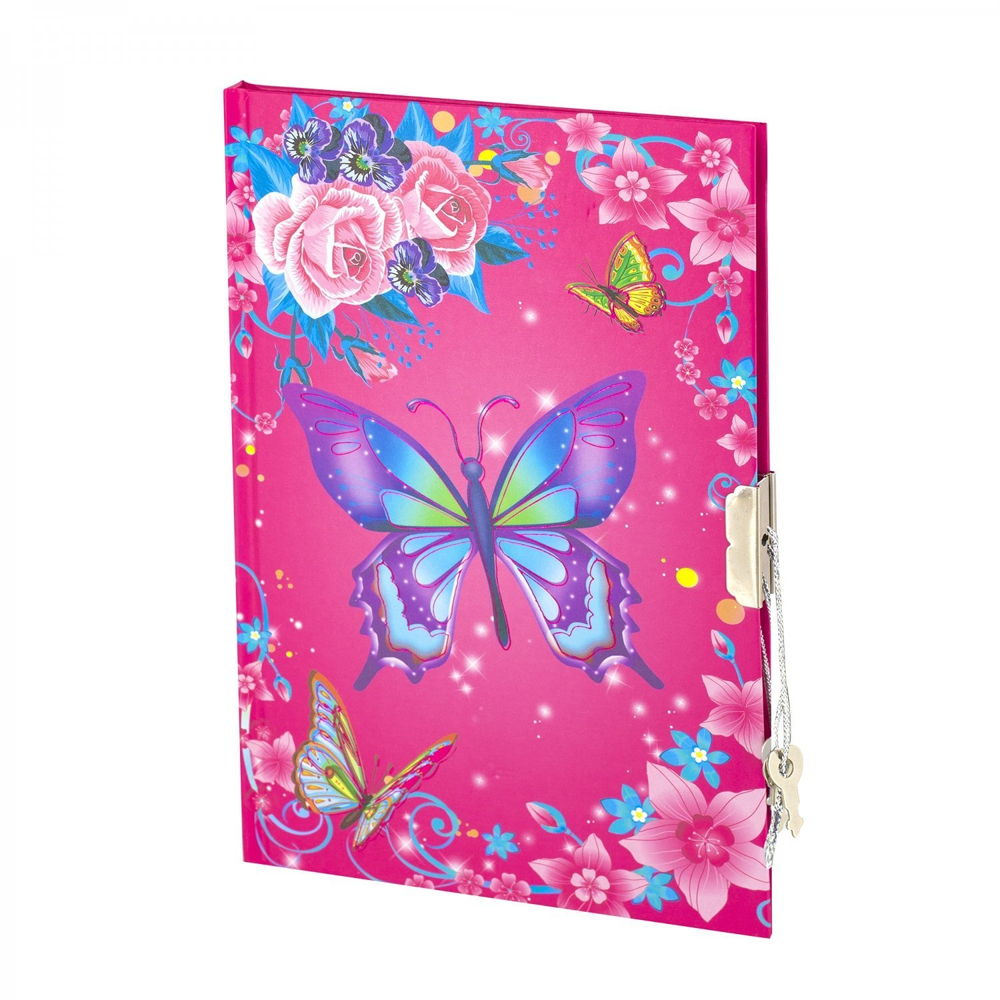 Блокнот 13,0 см * 19,0 см , 7БЦ, Alingar, ламинация, фольга, замочек, 40 л., линия, "Яркая бабочка", розовый