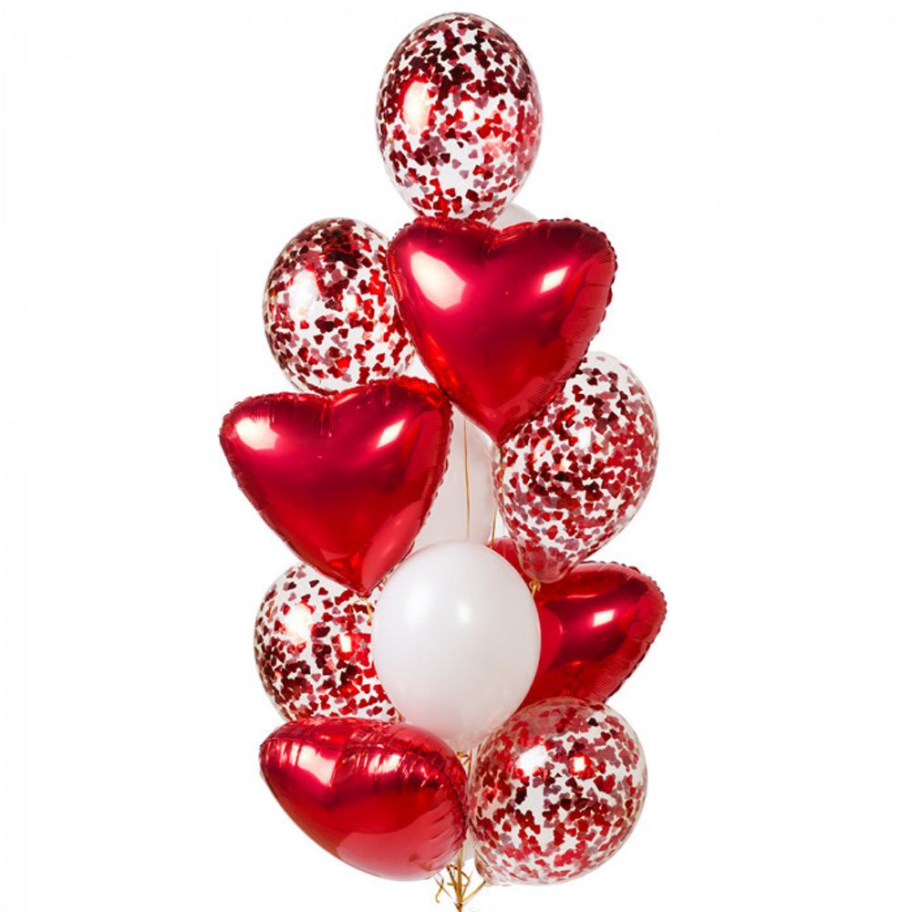 Красные сердца с гелием и прозрачные шары с конфетти на 14 февраля