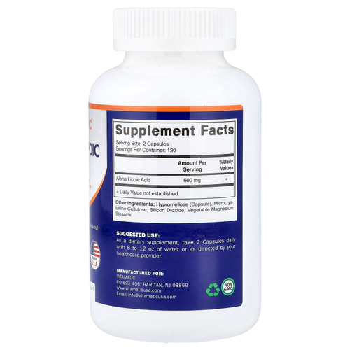 Vitamatic, альфа-липоевая кислота, 240 растительных капсул (300 мг в 1 капсуле)