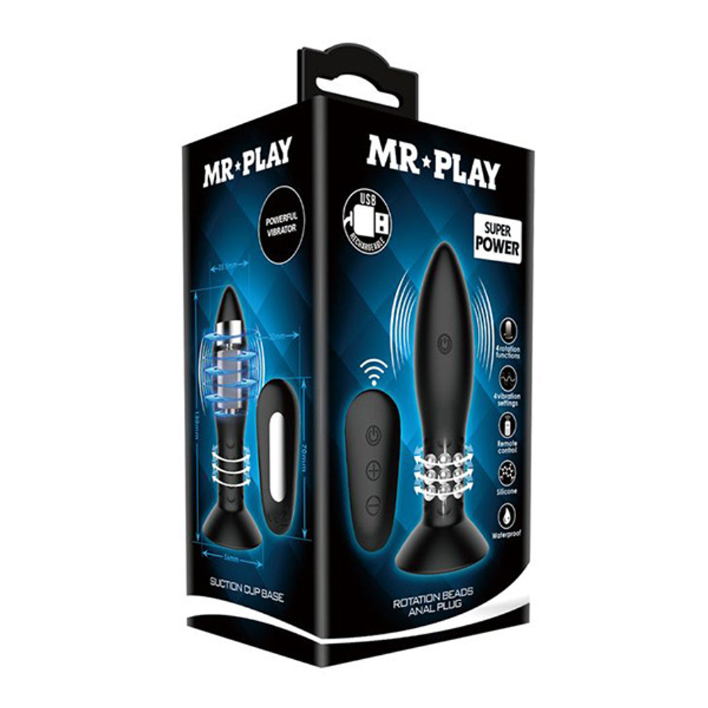 Черный анальный вибростимулятор 13см с пультом ДУ Mr.Play Rotation Beads Anal Plug BI-040079W-MR