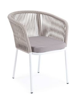 "Марсель" стул плетеный из роупа, каркас алюминий белый муар, роуп бежевый круглый, ткань бежевая 035