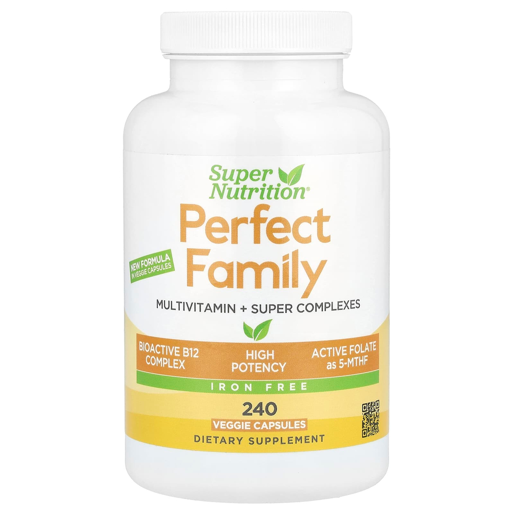 Super Nutrition, Perfect Family, мультивитамины с витамином A, метил B12, фолатом, витамином C и биотином, без железа, 240 растительных капсул