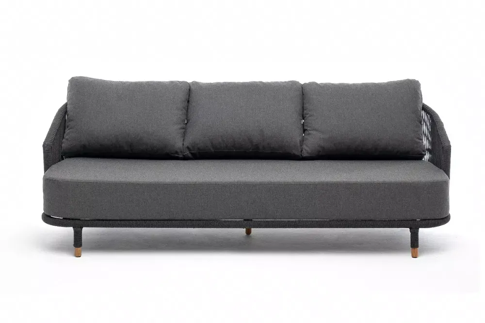 "Верона" диван 3-местный плетеный из роупа, каркас алюминий темно-серый (RAL7024) муар, роуп темно-серый круглый, ткань темно-серая 027