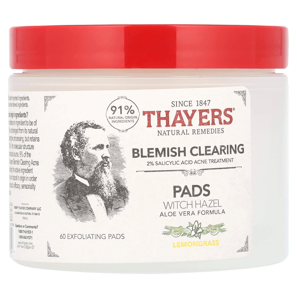 Thayers, Салфетки с гамамелисом, лемонграсс, 60 отшелушивающих салфеток